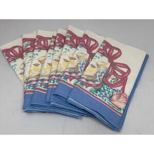 Vtg Easter Cloth Napkins 17x17 Bunnies Basket‎ Spring Flowers Tulips Set Of 6